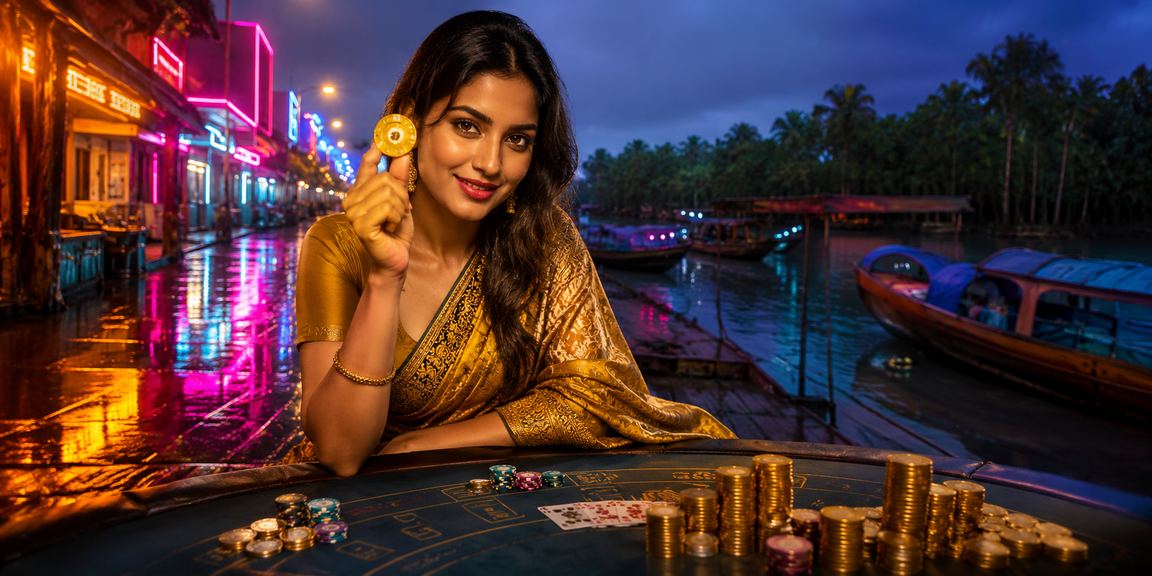 সুন্দরবনের পটভূমিতে নিয়ন আলোয় মোবাইলে ব্যাকারেট গেম উপভোগ করছেন একজন ব্যবহারকারী